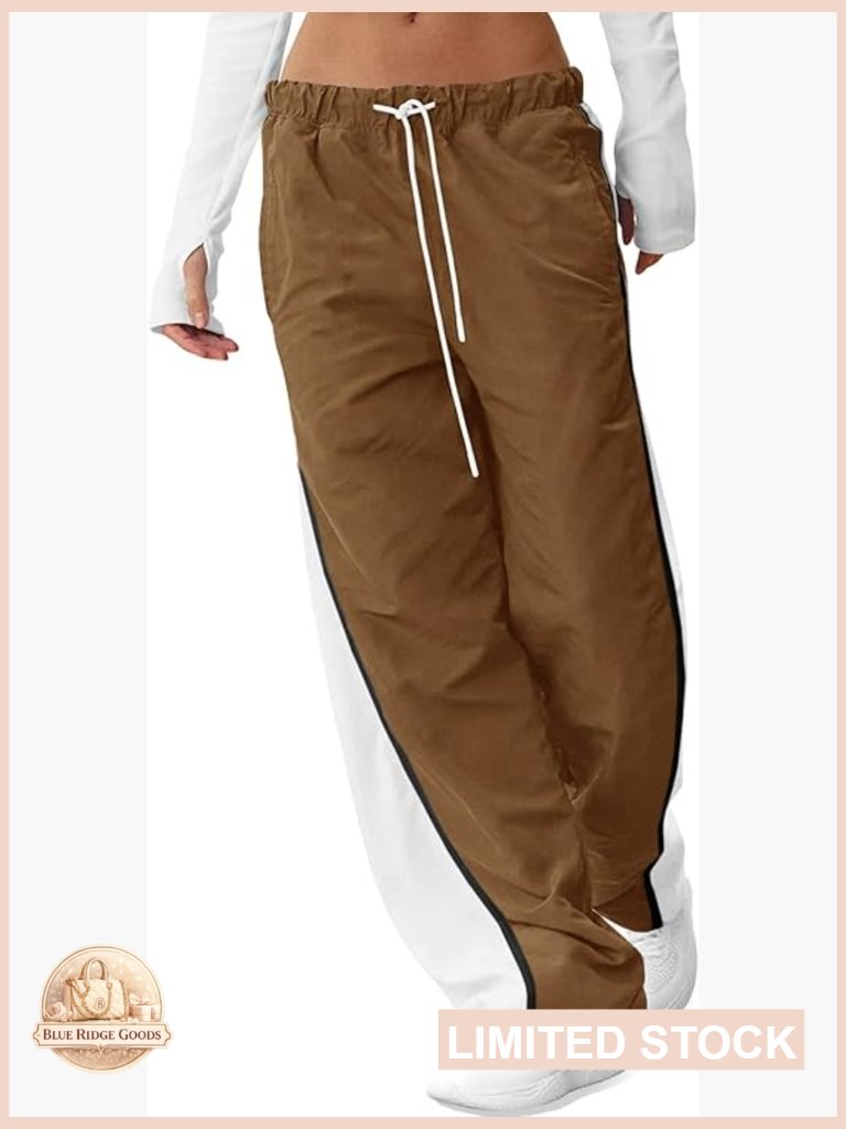 Women's Baggy Wide Leg Track Pants Drawstring Elastic Waist Color Block Workout